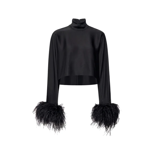 Lightweight Satin Caftan Top With Feathers in Black