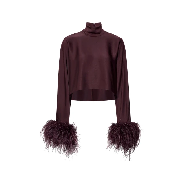 Lightweight Satin Caftan Top With Feathers in Mulberry