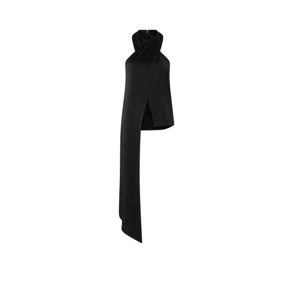Lightweight Satin Cross Halterneck Sash Top in Black