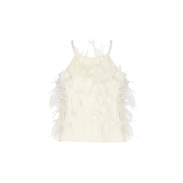 Lightweight Satin Halter Cami With Feathers in Cream