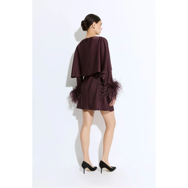 lightweight satin layered mini dress with feathers