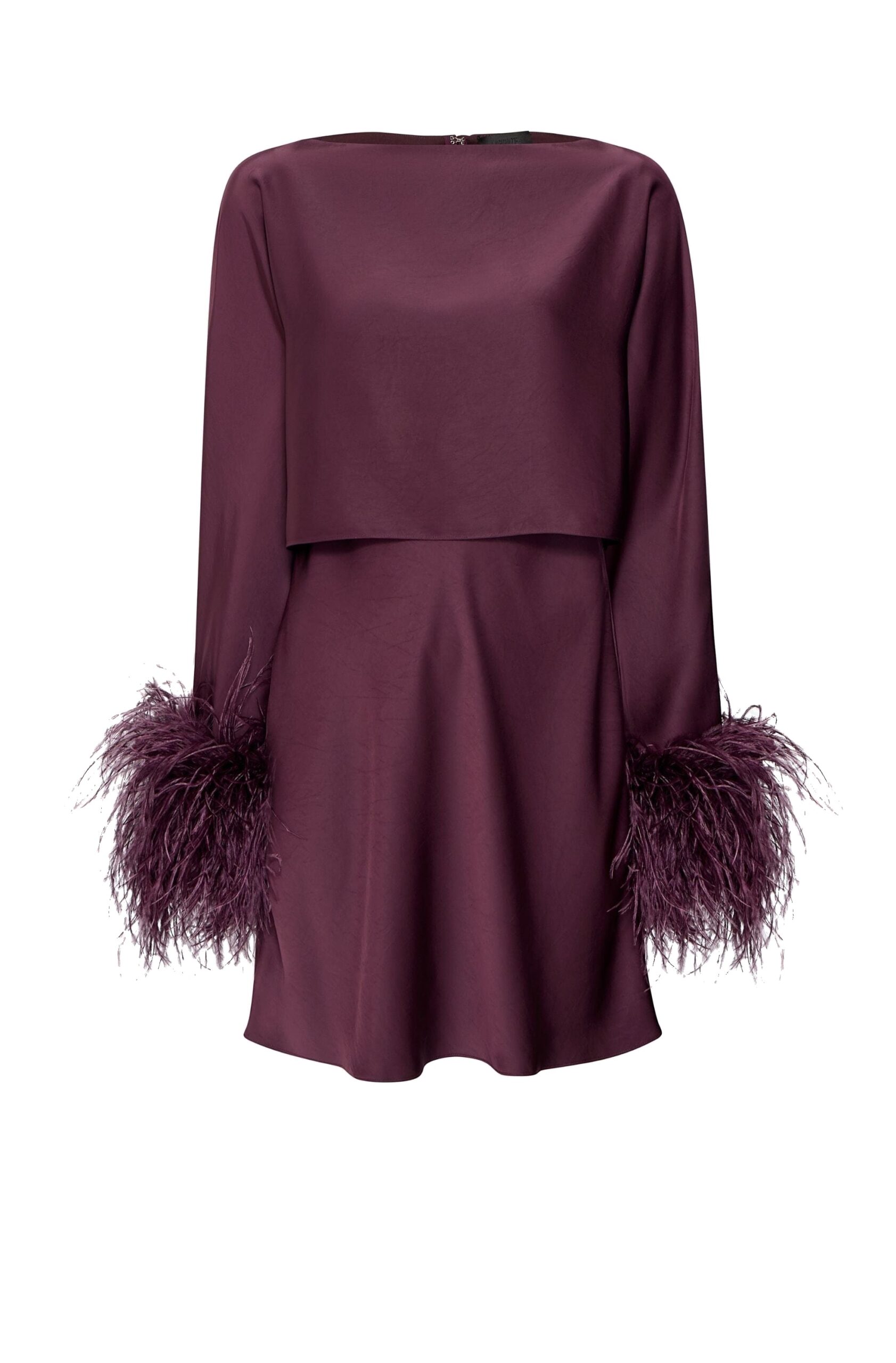 Lightweight Satin Layered Mini Dress With Feathers in Mulberry