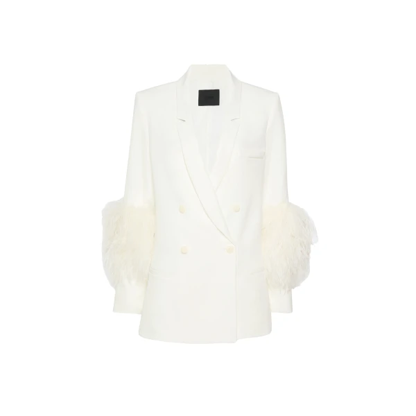 Matte Crepe Blazer With Feathers in Off White