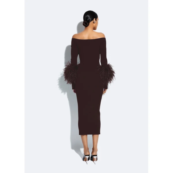 matte viscose cross front dress with feathers