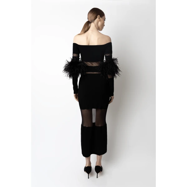 matte viscose intarsia dress with feathers