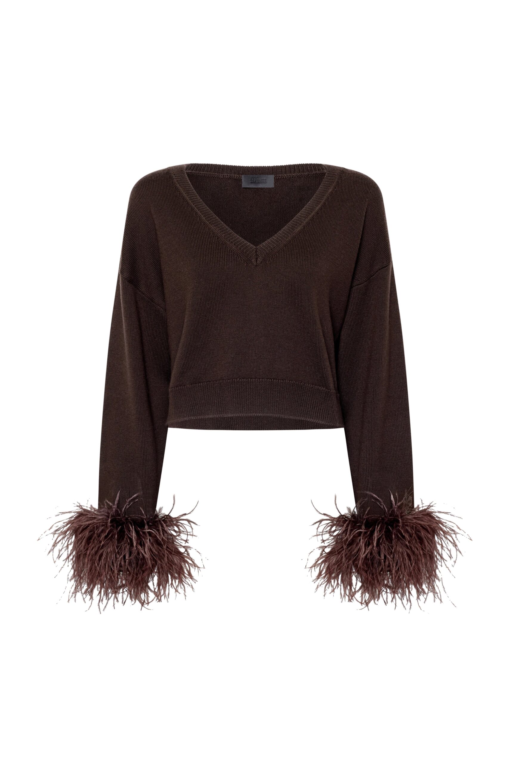 Merino Cropped V-Neck Sweater with Classic Feathers in Chocolate