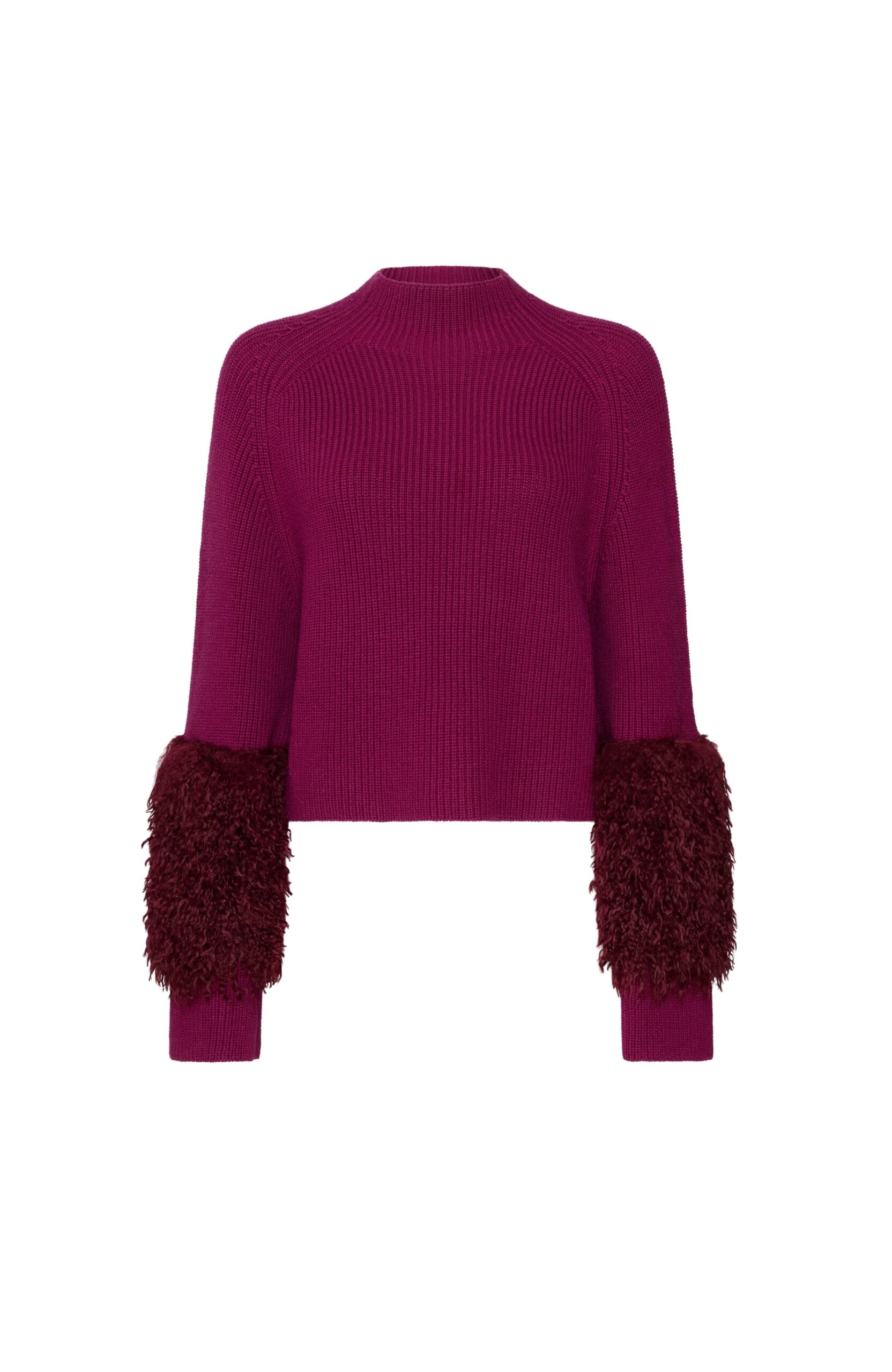 Merino Mock Neck Sweater With Faux Shearling in Berry