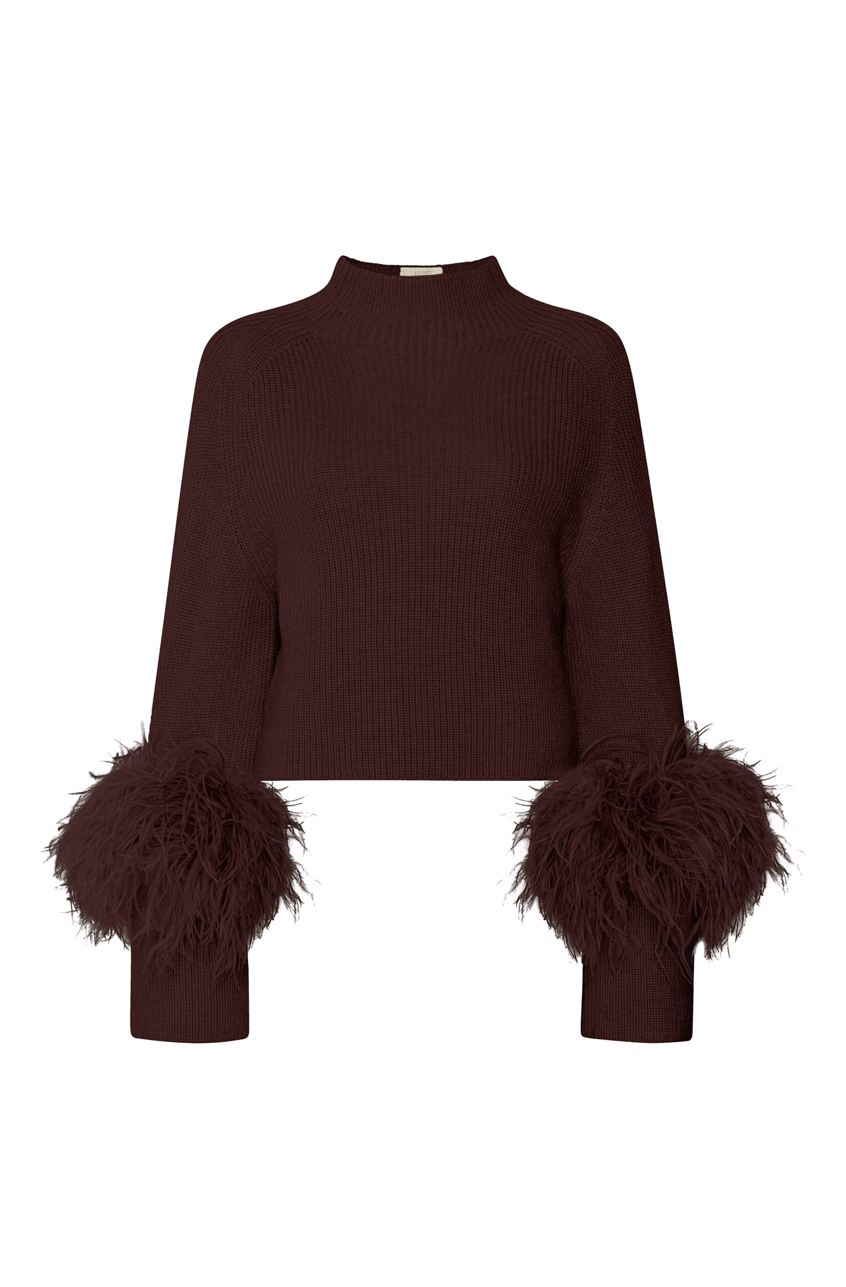 Merino Mock Neck Sweater With Feathers in Dark Brown