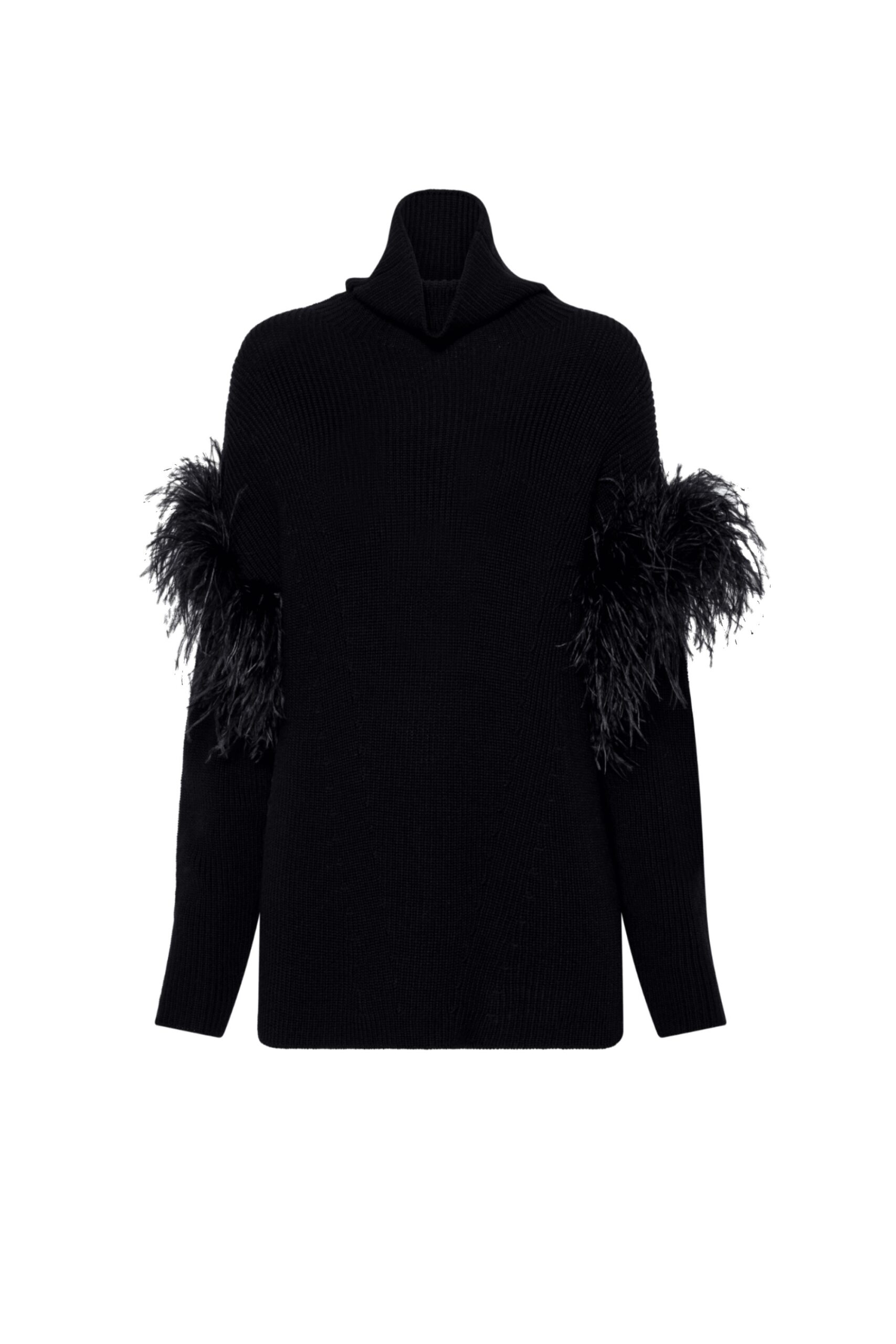 Merino Turtleneck Sweater With Feather Trim in Black