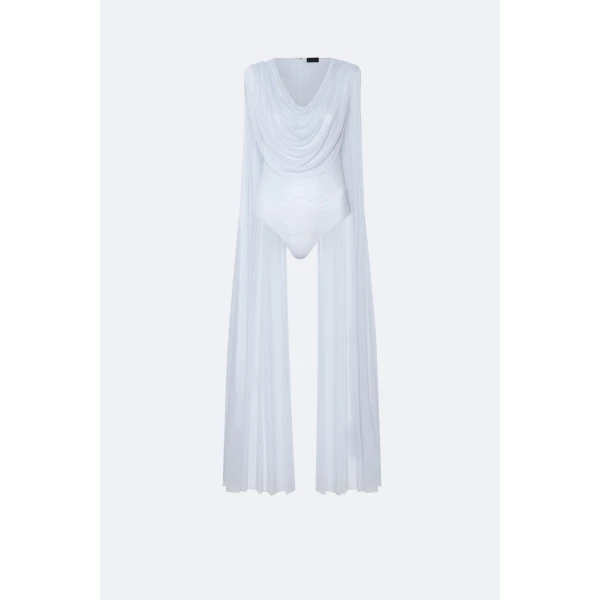 Mesh Cowl Neck Cape Bodysuit in Cloud