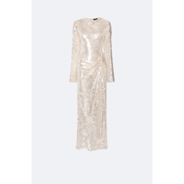 Mesh Sequin Longsleeve Gown With Side Tucks in Ecru