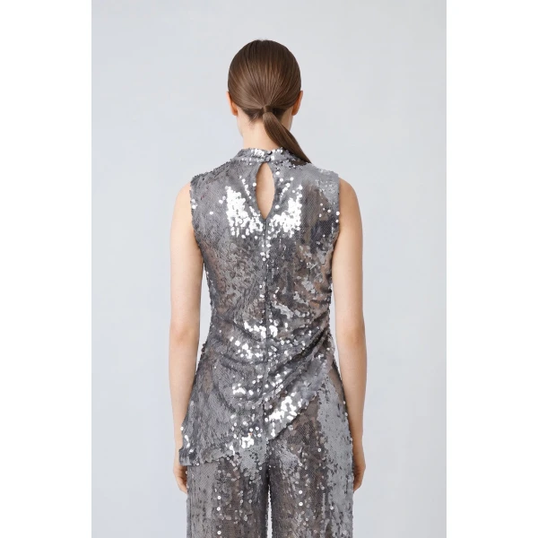 mesh sequin mockneck top with pleats