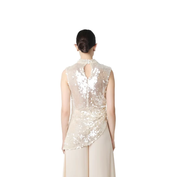 mesh sequin mockneck top with pleats