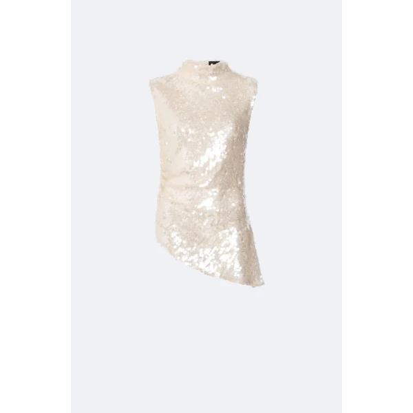 Mesh Sequin Mockneck Top With Pleats in Ecru