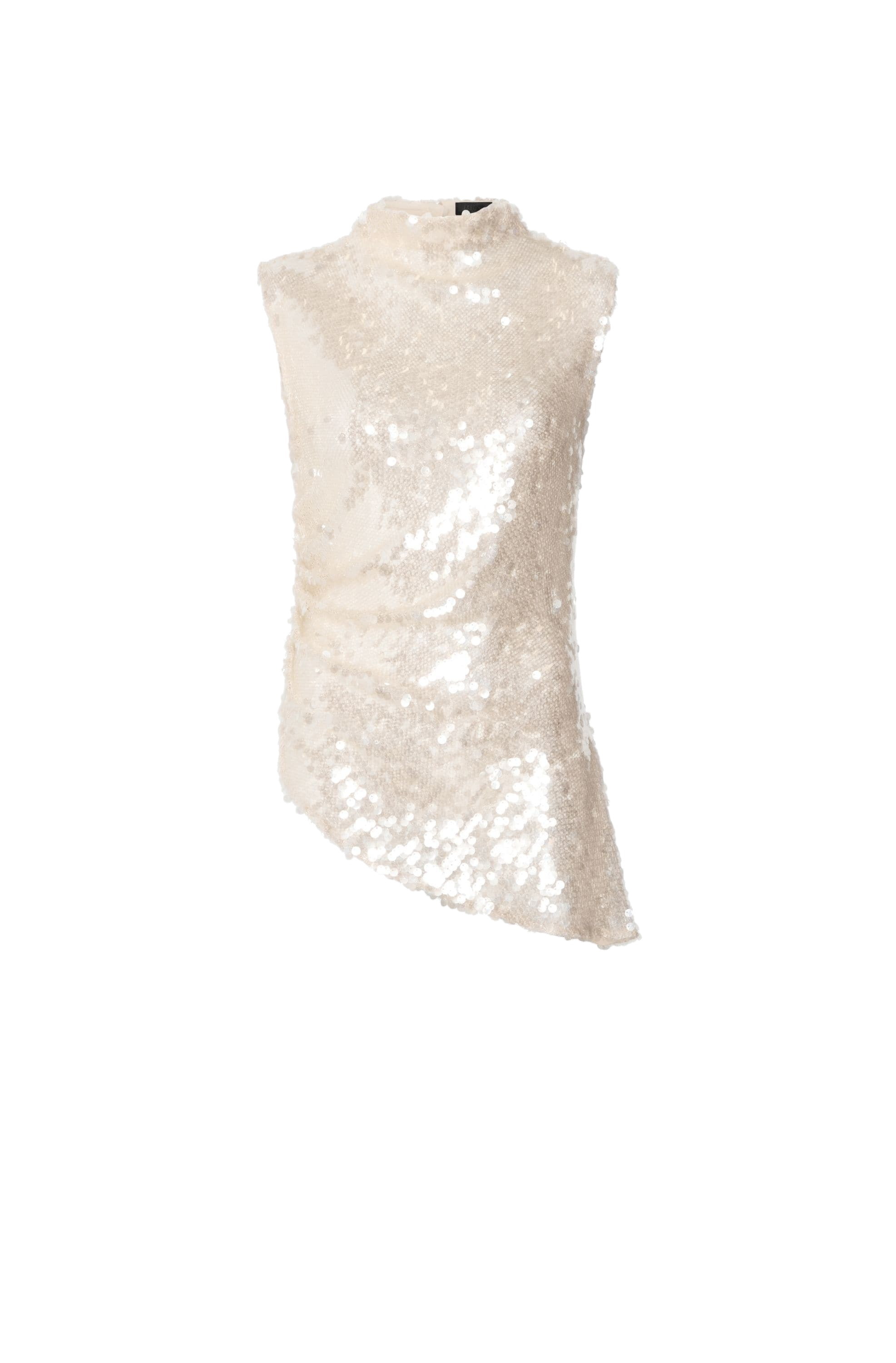 Mesh Sequin Mockneck Top With Pleats in Ecru