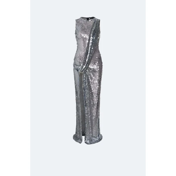 Mesh Sequin Sleeveless Gown With Sash in Black