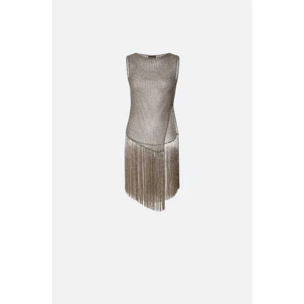 Metallic Netting Fringe Asymmetric Top in Gunmetal