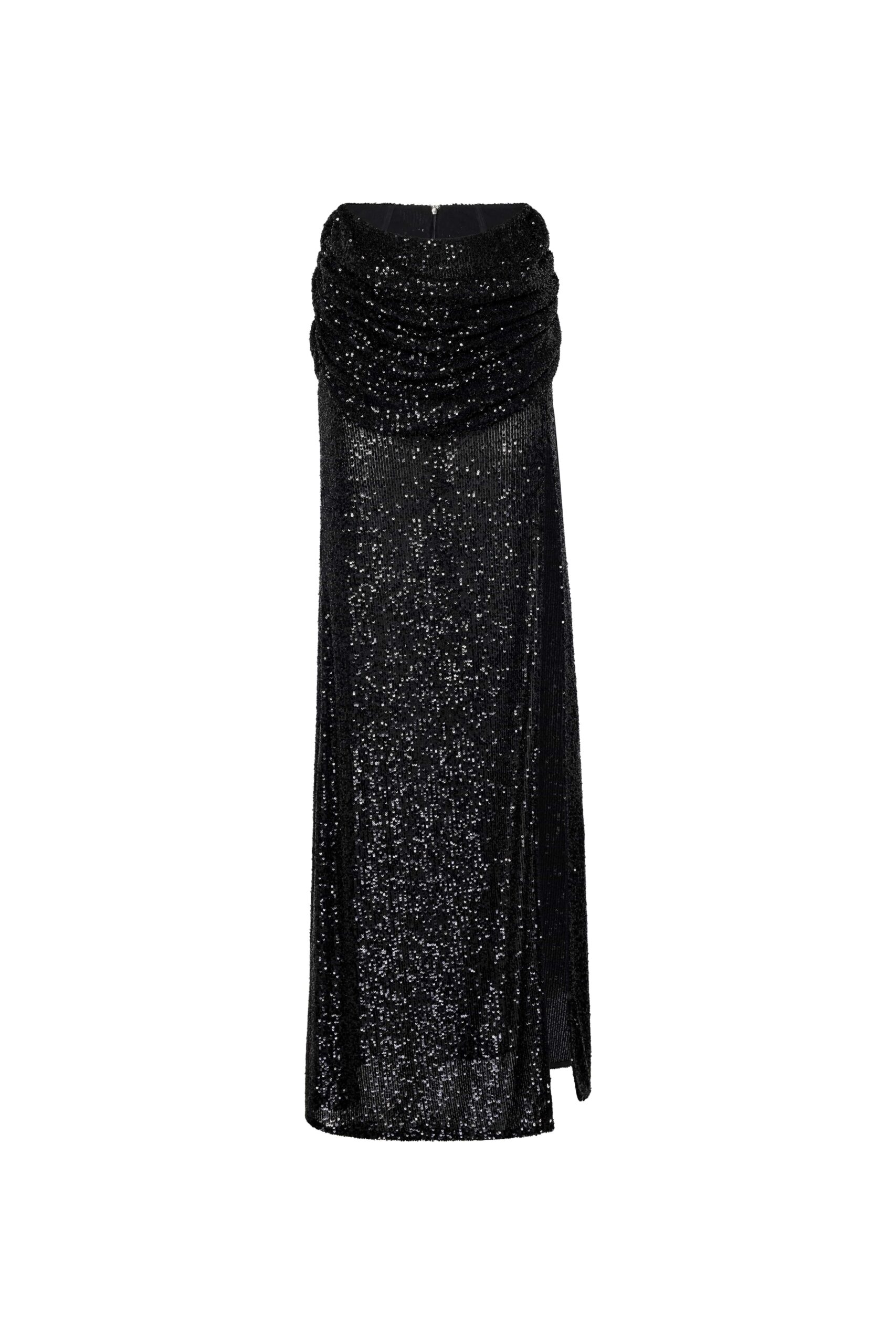 Mini Stretch Sequin Draped Waist Skirt in Black