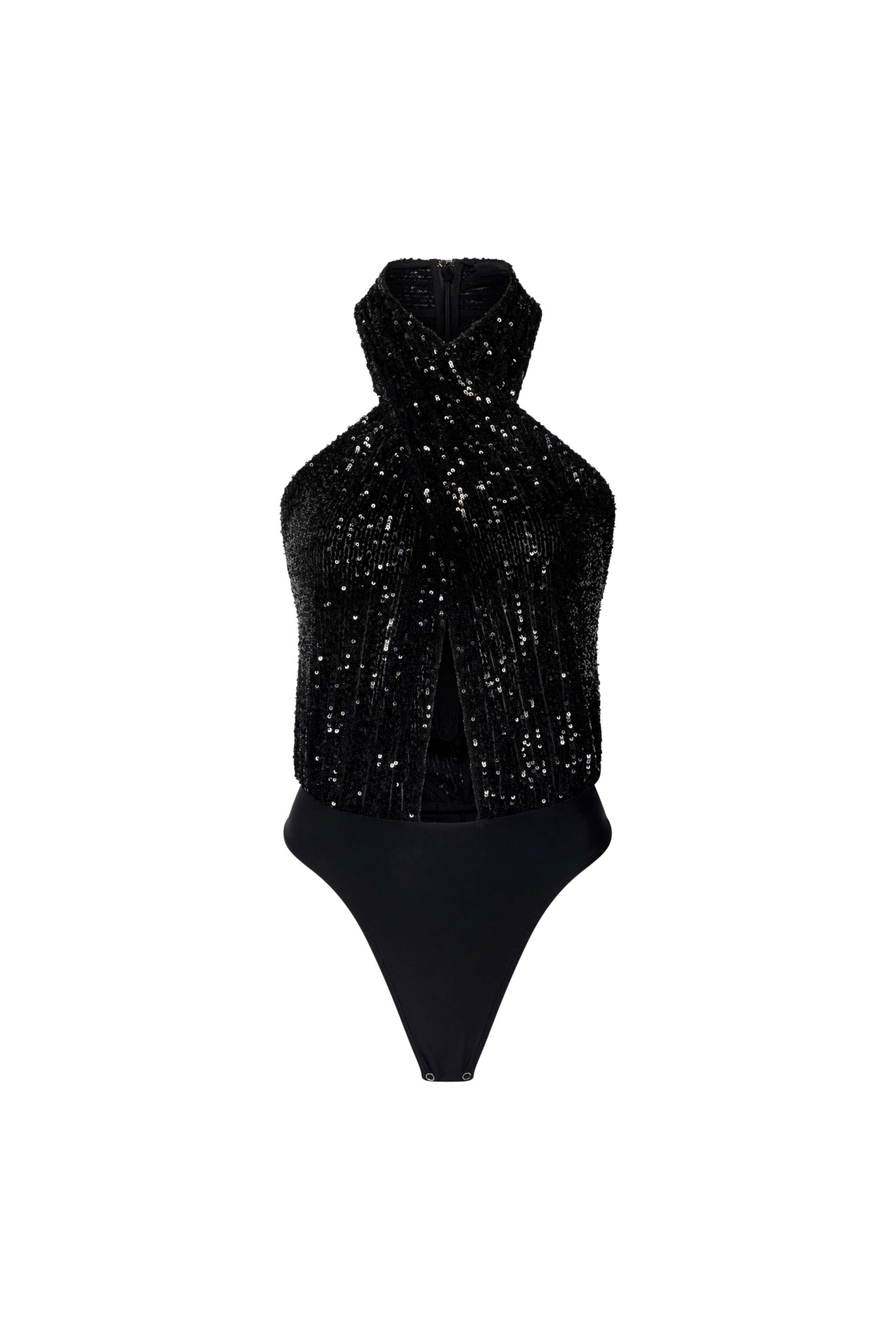 Mini Stretch Sequin Halter Cutout Bodysuit in Black