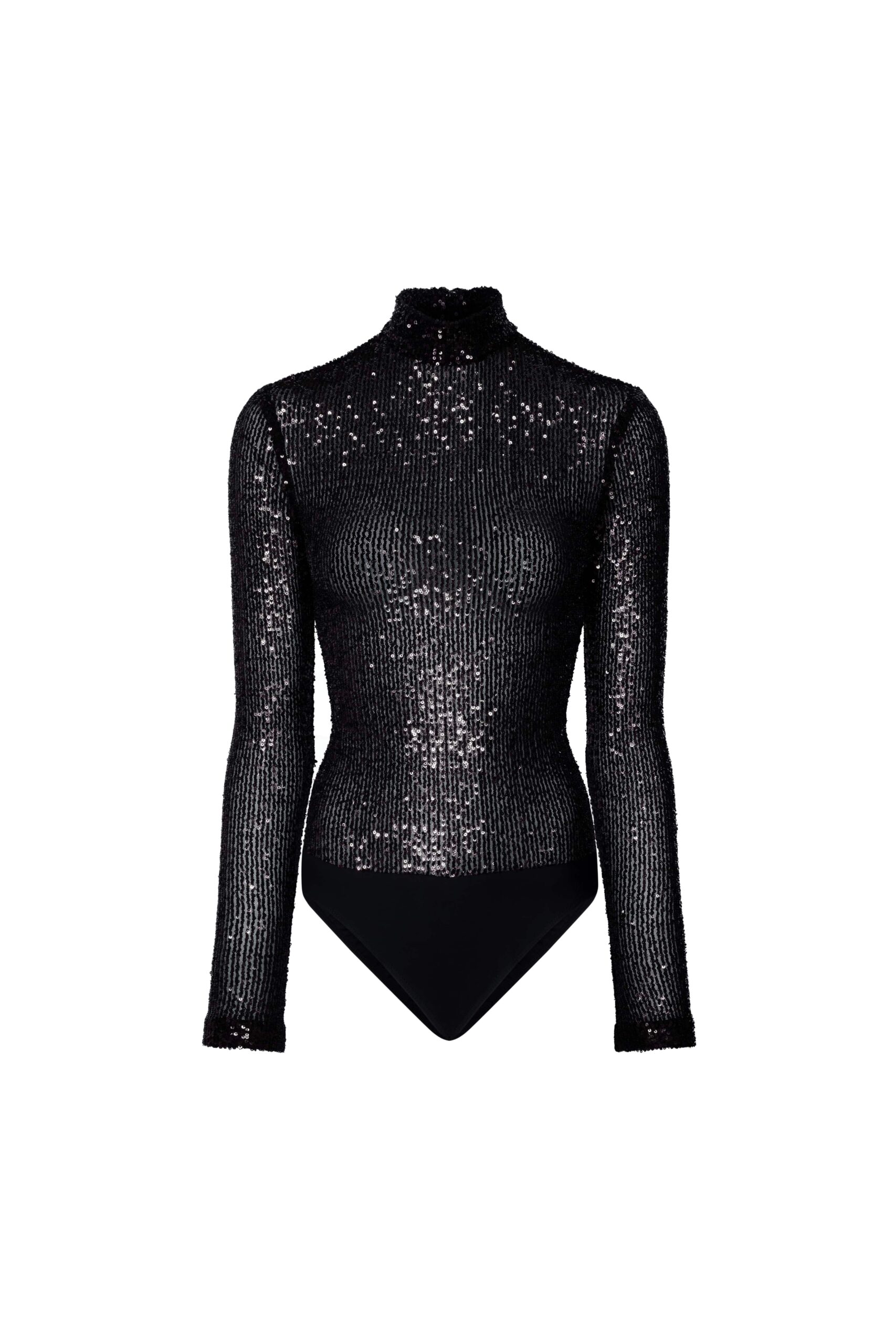 Mini Stretch Sequin Mock Neck Bodysuit in Black