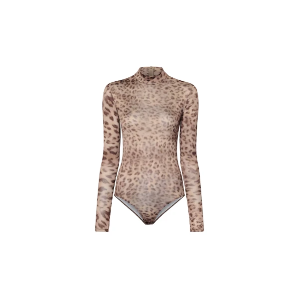 Printed Jersey Mock Neck Bodysuit in Snow Leopard