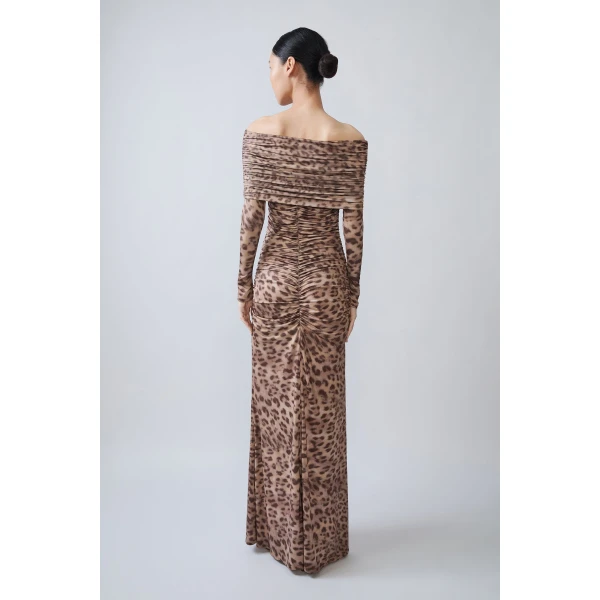 printed jersey off the shoulder gown