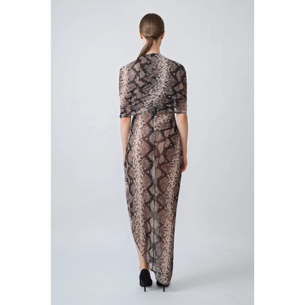 printed mesh double shawl draped dress