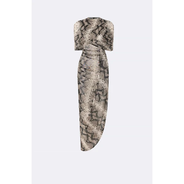 Printed Mesh Double Shawl Draped Dress in Python Print