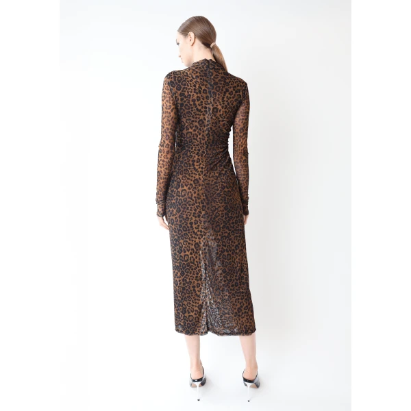 printed mesh draped midi dress