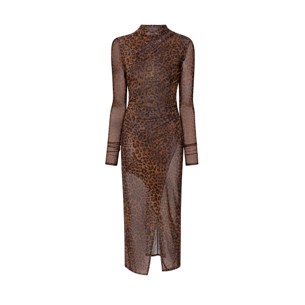 Printed Mesh Draped Midi Dress in Leopard