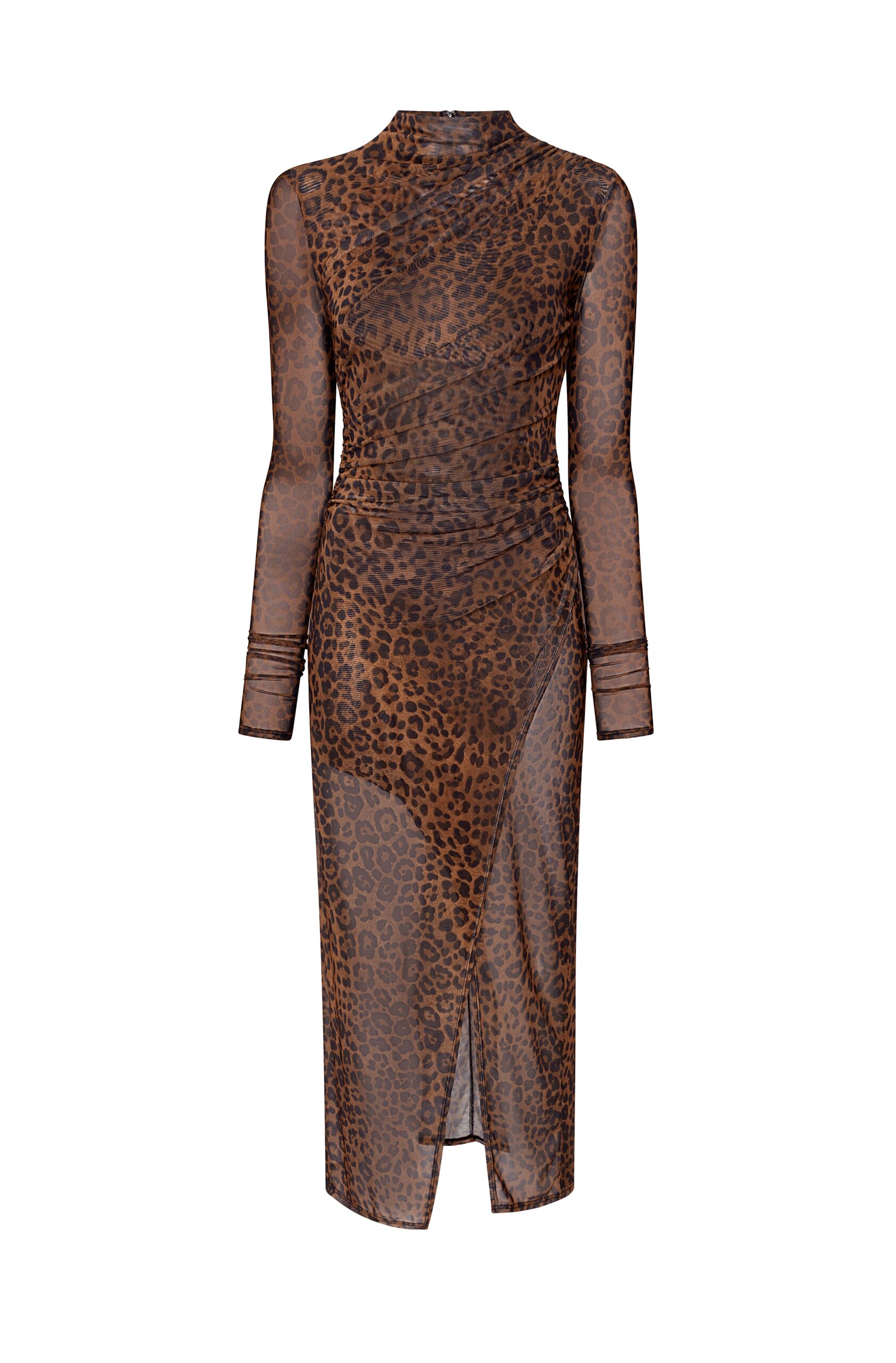 Printed Mesh Draped Midi Dress in Leopard
