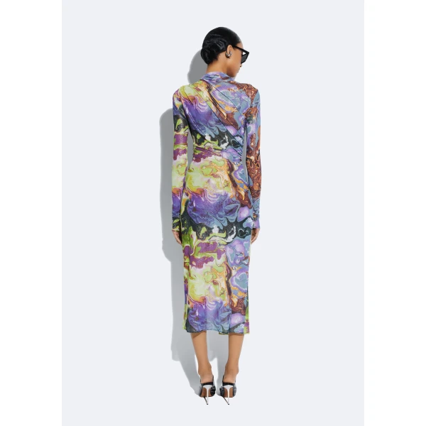 printed mesh draped midi dress