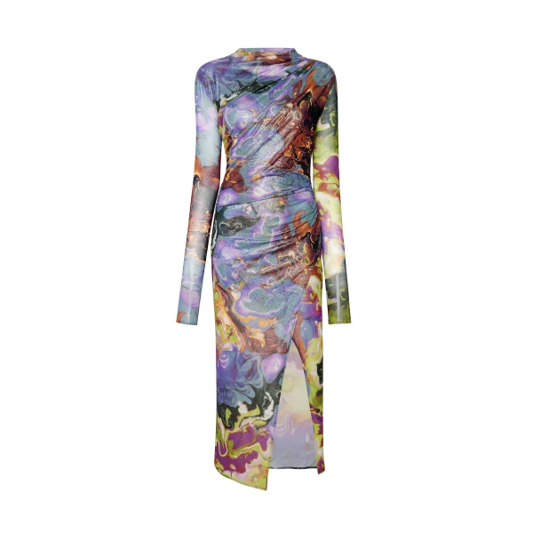 Printed Mesh Draped Midi Dress in Marble