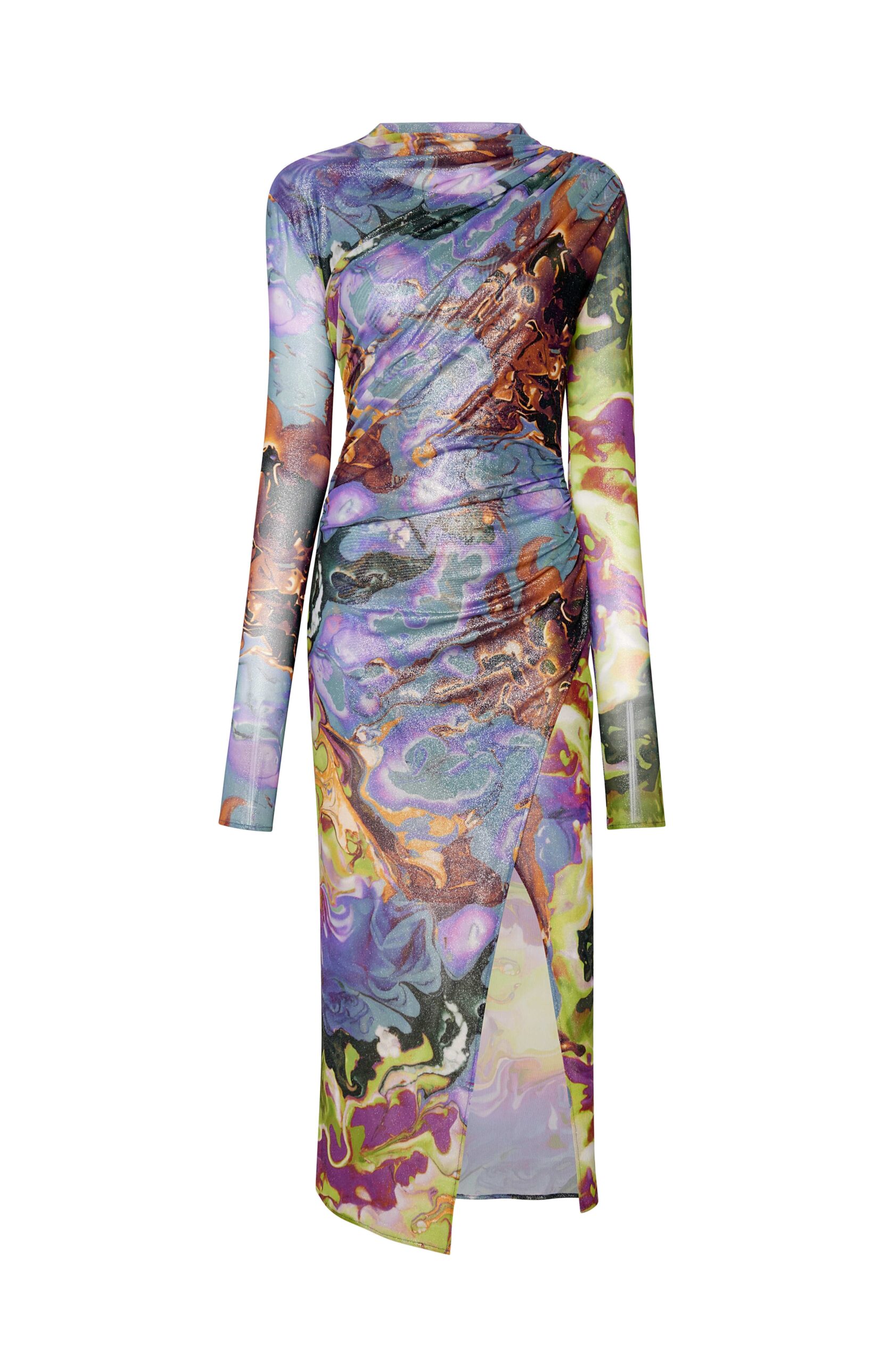 Printed Mesh Draped Midi Dress in Marble