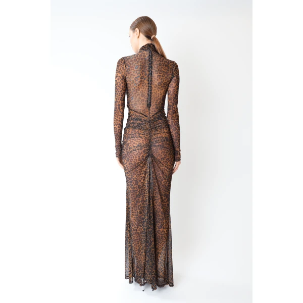 printed mesh halter ruched gown