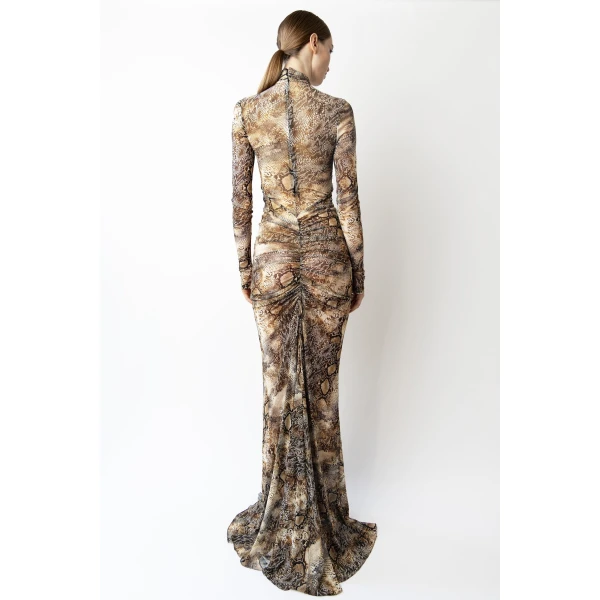 printed mesh halter ruched gown