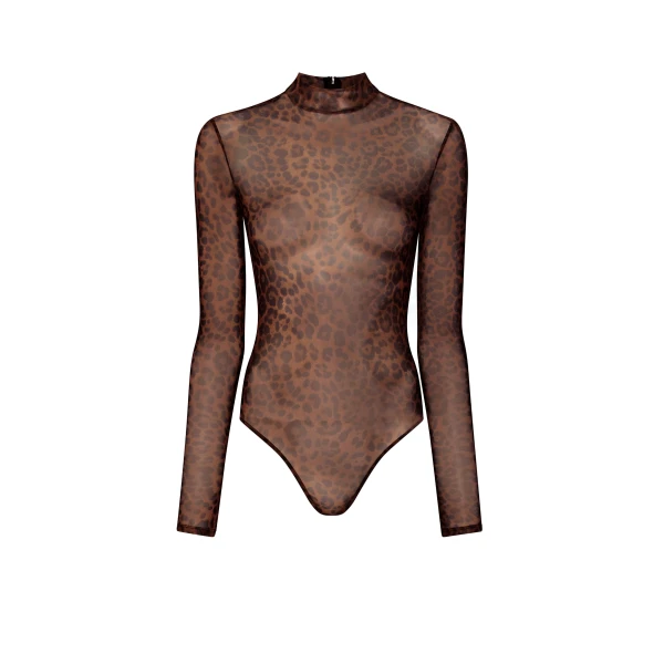 Printed Mesh Mock Neck Bodysuit in Leopard