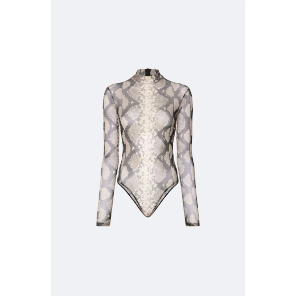 Printed Mesh Mock Neck Bodysuit in Python Print