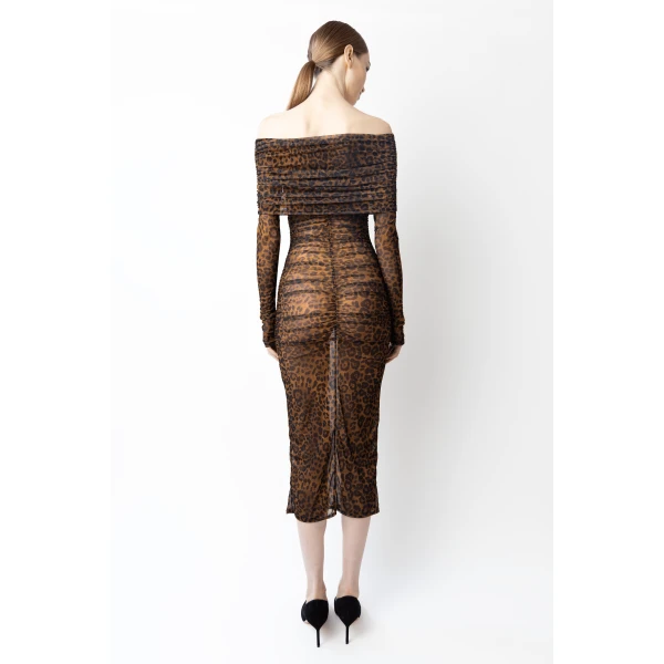 printed mesh off shoulder midi dress