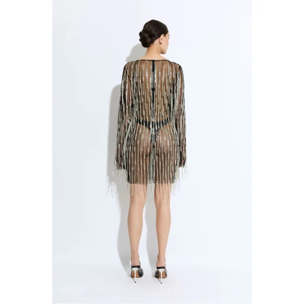 rhinestone fringe boatneck mini dress