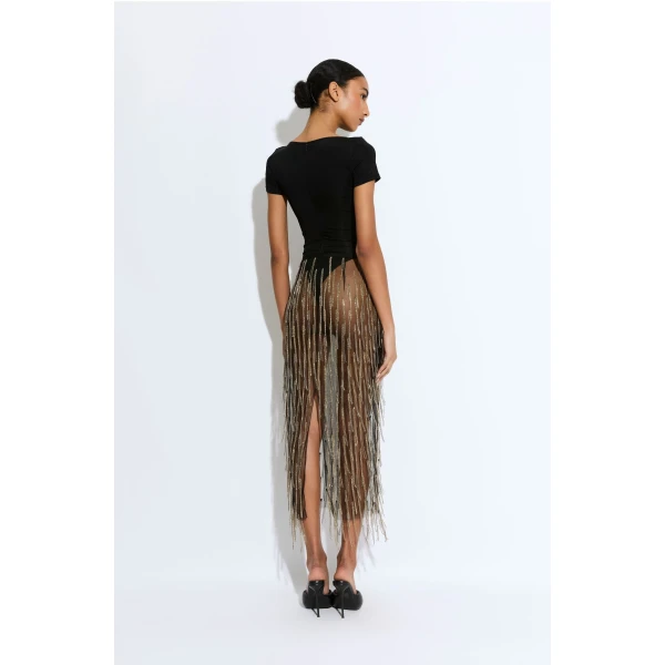 rhinestone fringe high waist skirt