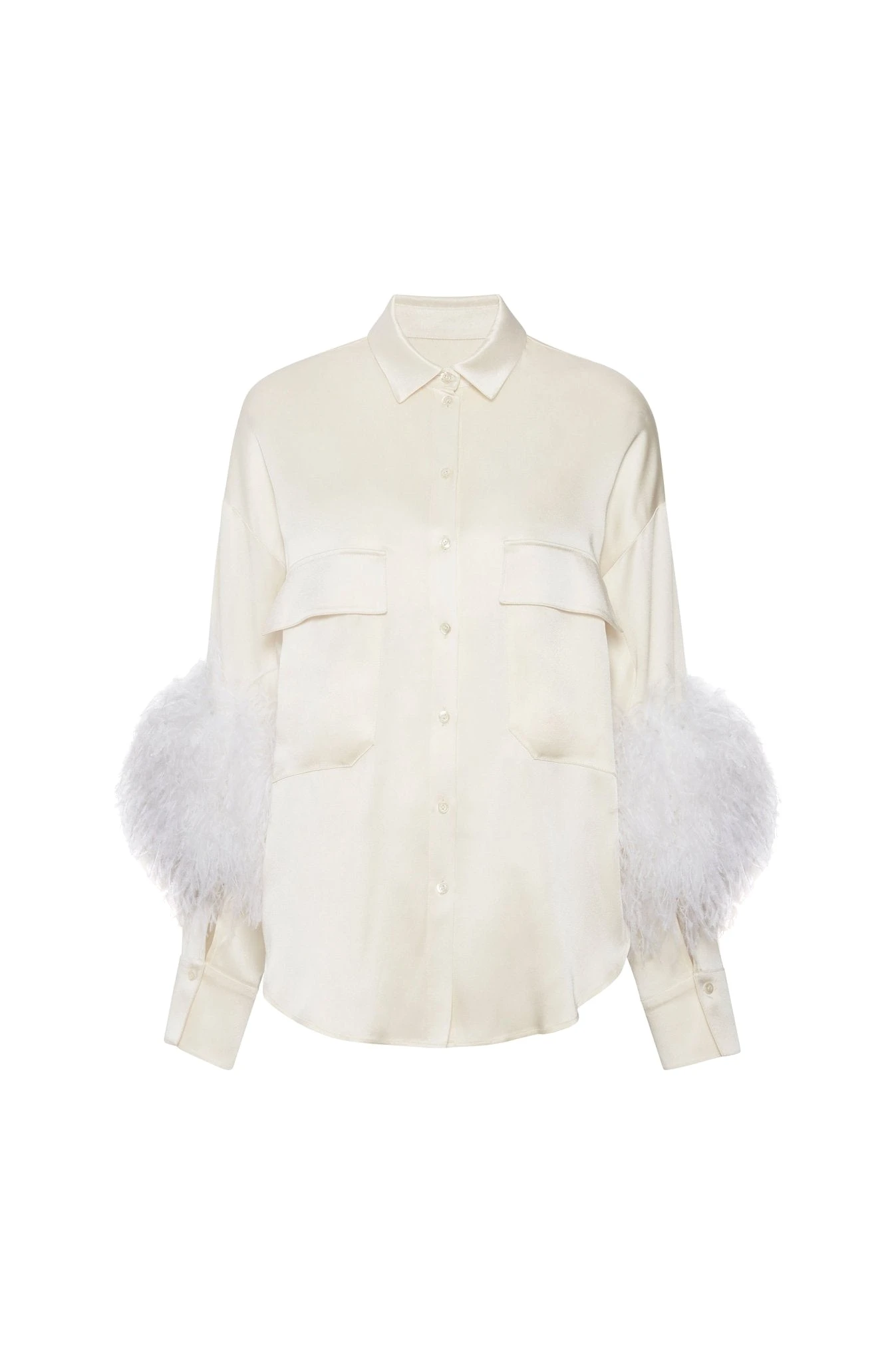 Satin Button Down With Feathers in Cream