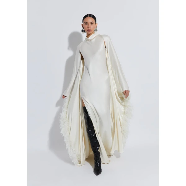 satin caftan with feathers