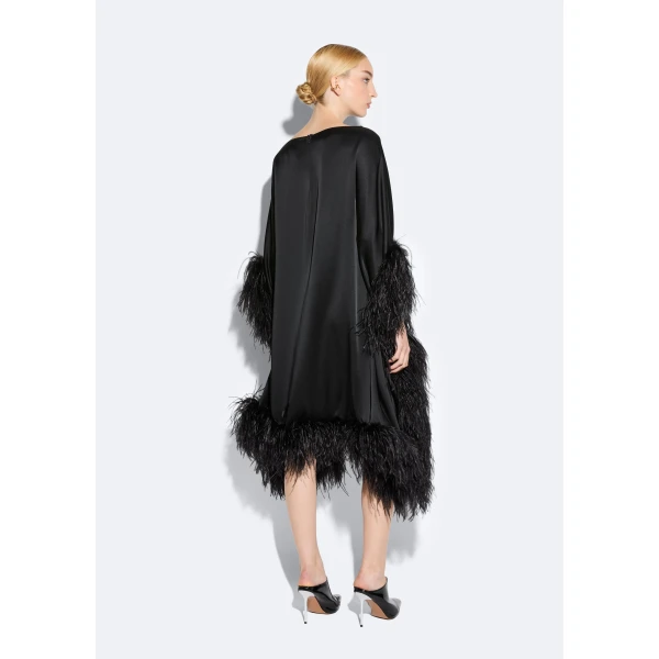satin cape dress with feathers