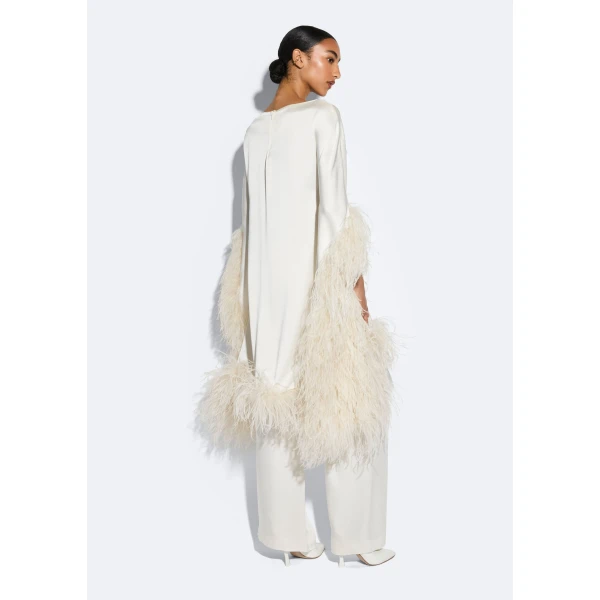 satin cape dress with feathers