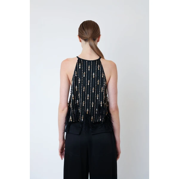 satin crop halter cami with deco stripe embroidery