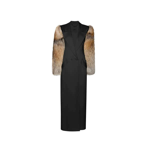 Satin Double Breasted Coat With Fur in Black