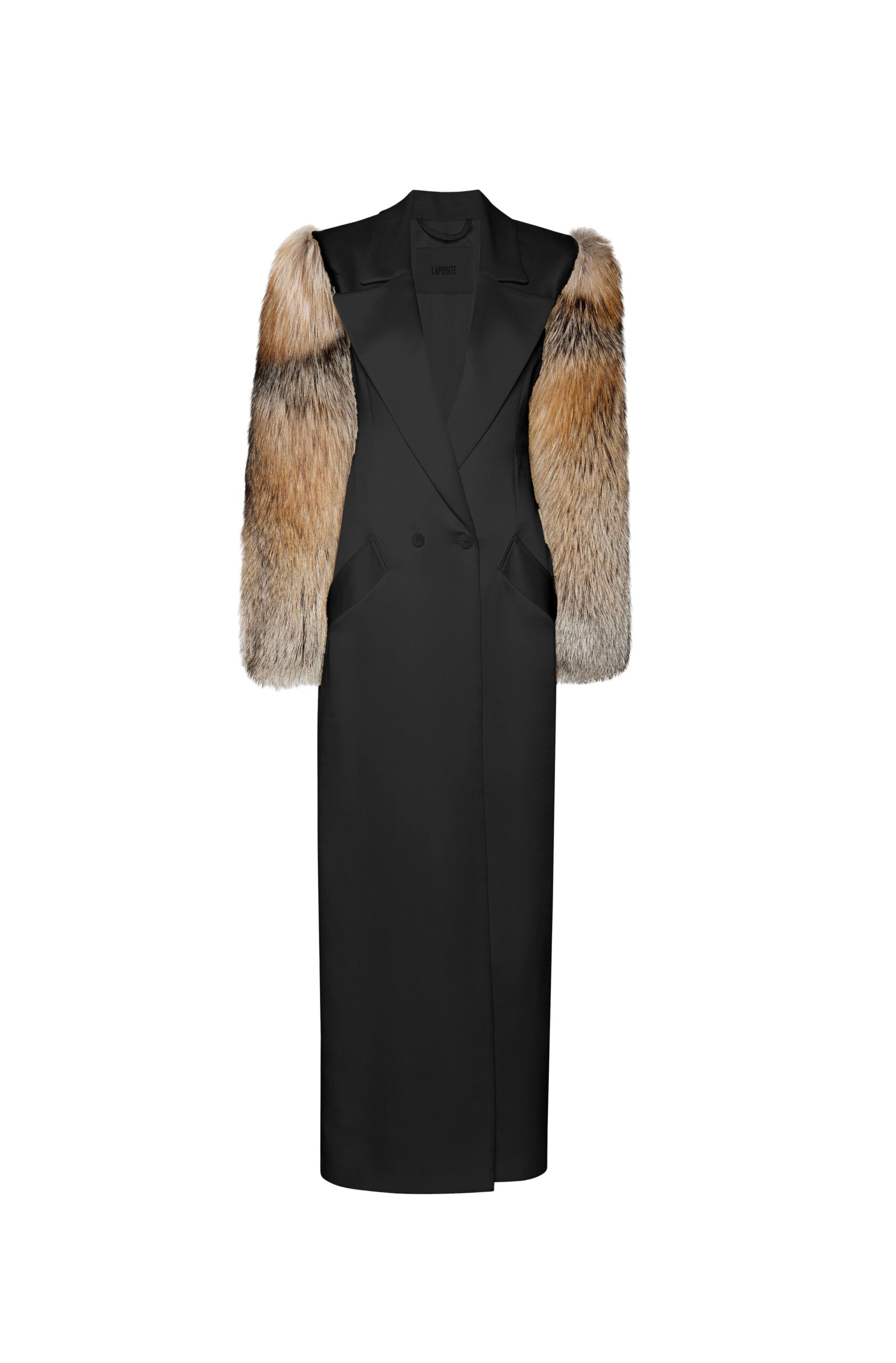 Satin Double Breasted Coat With Fur in Black
