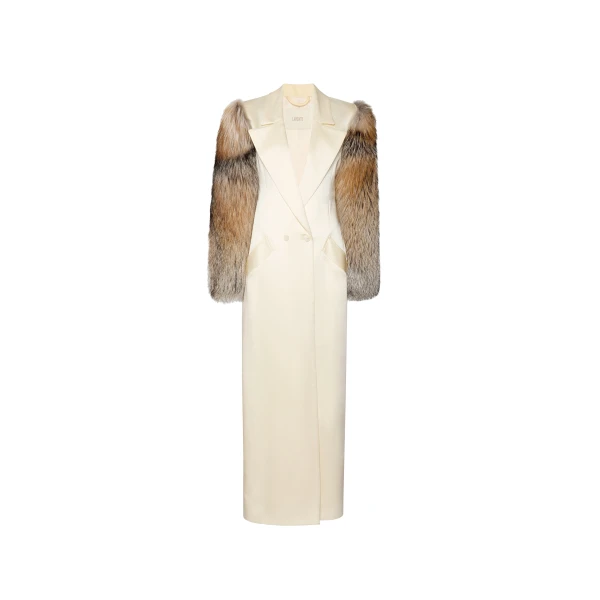 Satin Double Breasted Coat With Fur in Butter