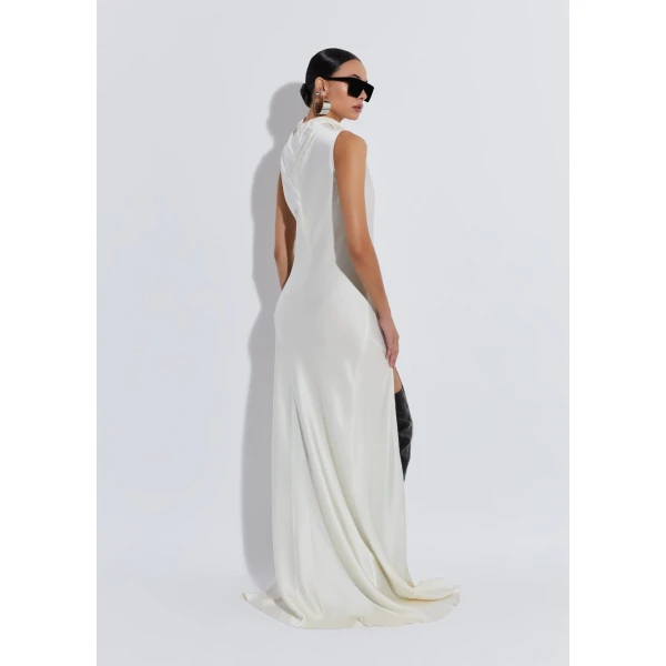 satin drape neck sleeveless gown